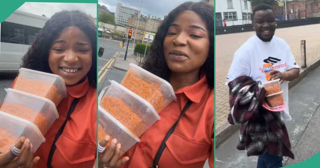 Lady and her husband get food in church. Lady and her husband get food in church.