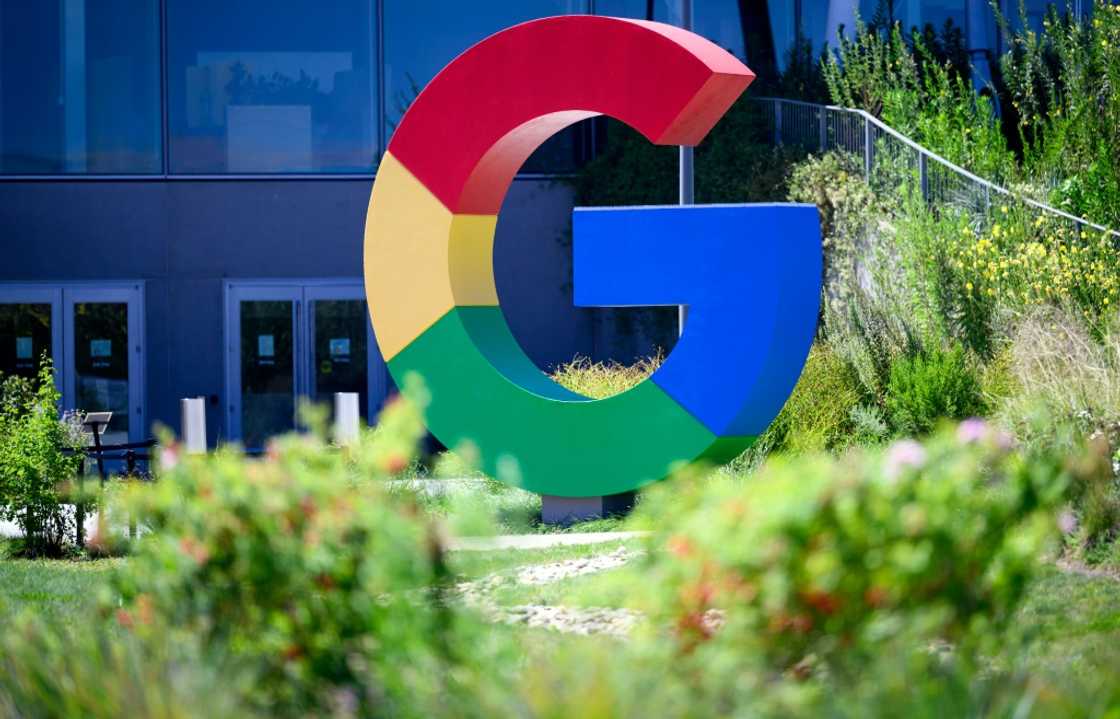 A large Google logo is seen at Google's Bay View campus in Mountain View, California