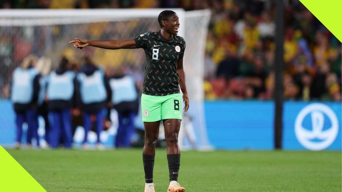 Asisat Oshoala playing for Nigeria at the 2023 FIFA Women's World Cup. Asisat Oshoala playing for Nigeria at the 2023 FIFA Women's World Cup.