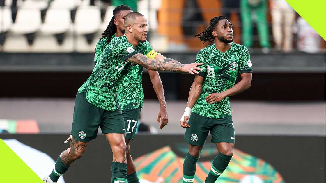 Alex Iwobi, William Troost-Ekong, Ademola Lookman, William Troost-Ekong, Super Eagles, Nigeria, Angola, AFCON 2023 QF, Stade Felix Houphouet-Boigny, Abidjan, Ivory Coast. Alex Iwobi, William Troost-Ekong, Ademola Lookman, William Troost-Ekong, Super Eagles, Nigeria, Angola, AFCON 2023 QF, Stade Felix Houphouet-Boigny, Abidjan, Ivory Coast.