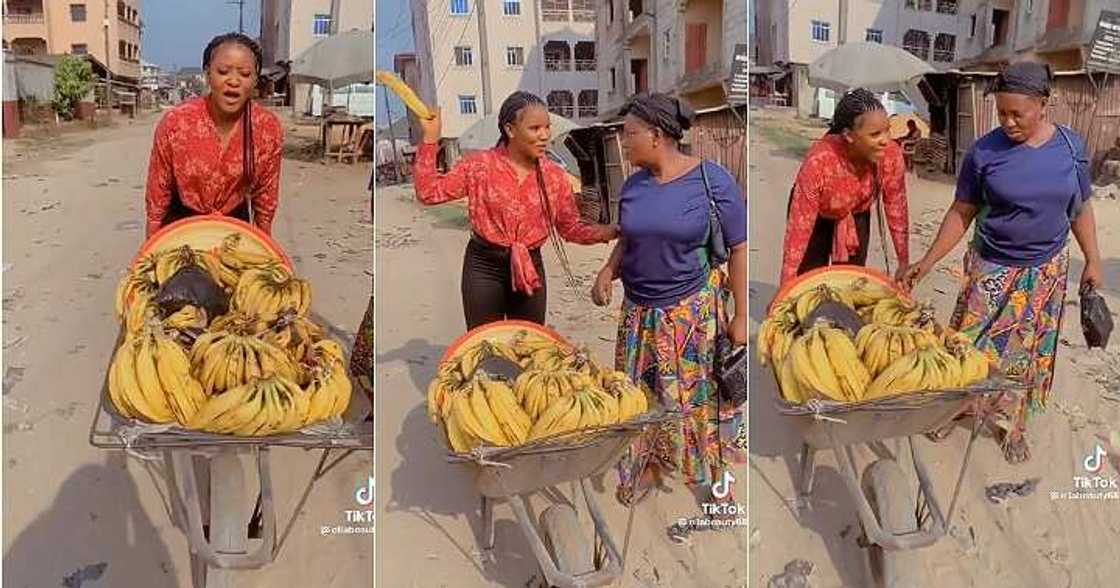 Slay queen helps mum push wheelbarrow, plantain seller