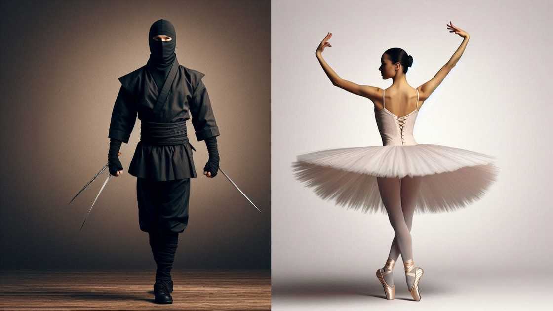 A Rhyme Without Reason image of people dressed as a famous ballerina and a ninja.