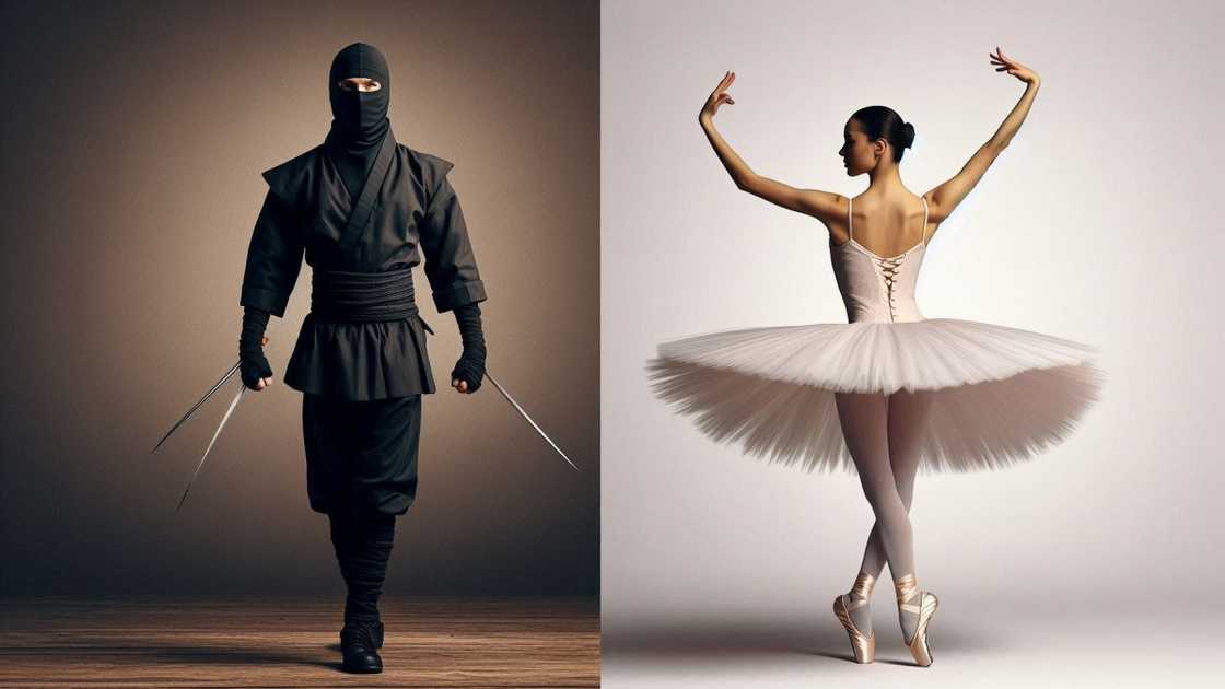 A Rhyme Without Reason image of people dressed as a famous ballerina and a ninja. A Rhyme Without Reason image of people dressed as a famous ballerina and a ninja.