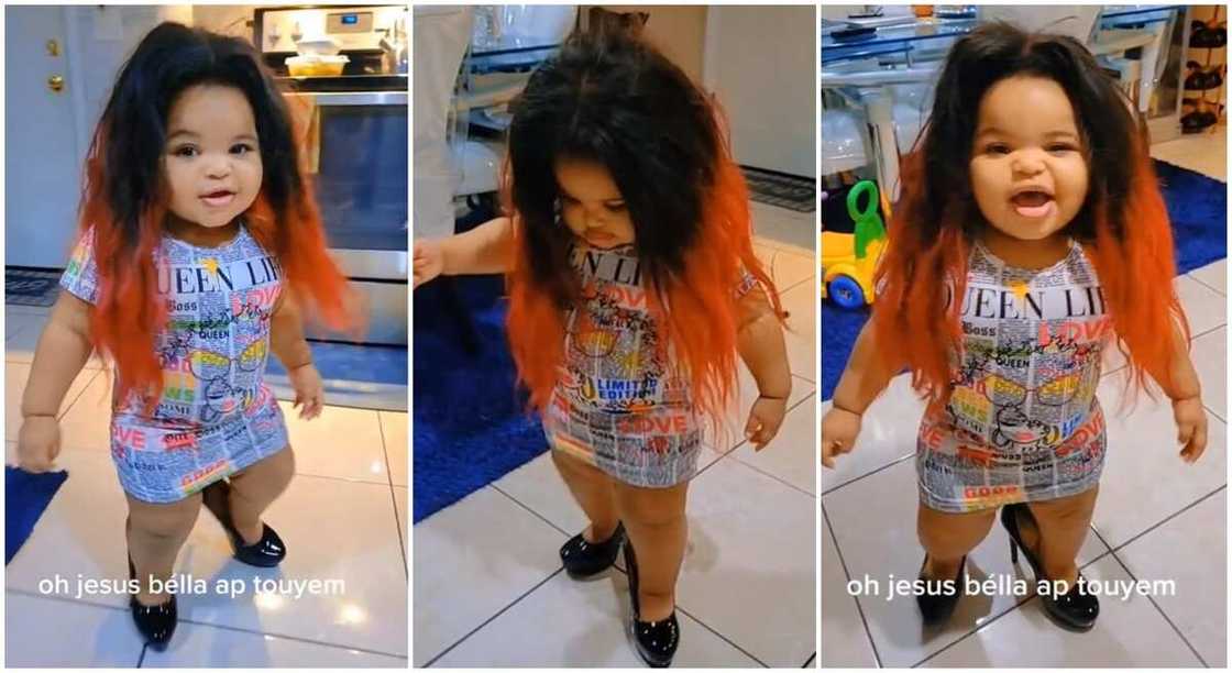 Photos of a pretty little girl wearing heels and wig.