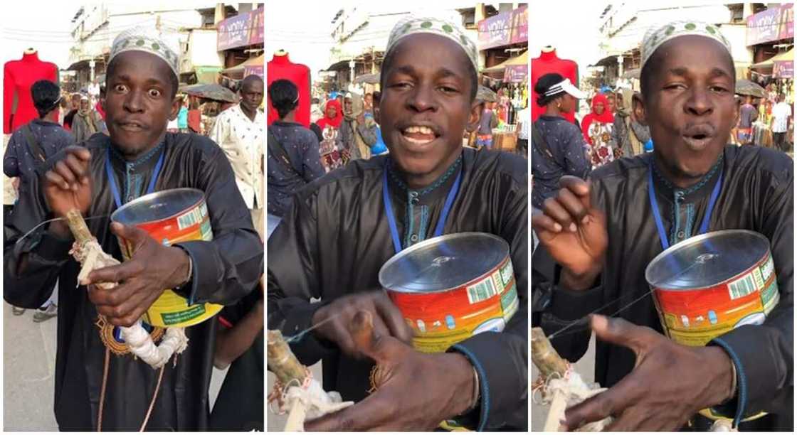 Man invents nice musical instrument, plays cool song with it inside market. Man invents nice musical instrument, plays cool song with it inside market.