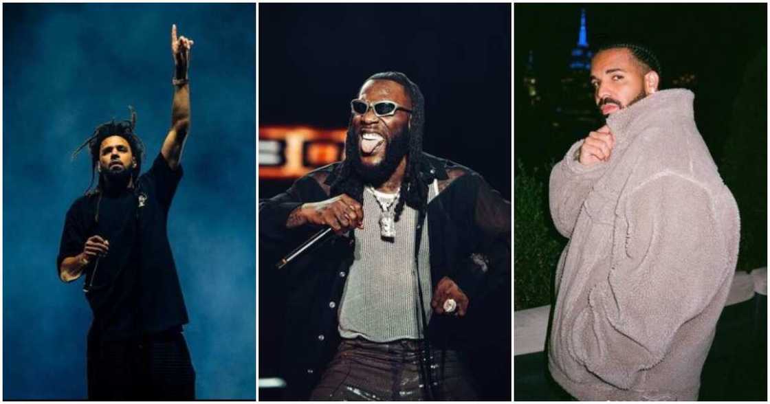 Photos of J Cole, Burna Boy and Drake