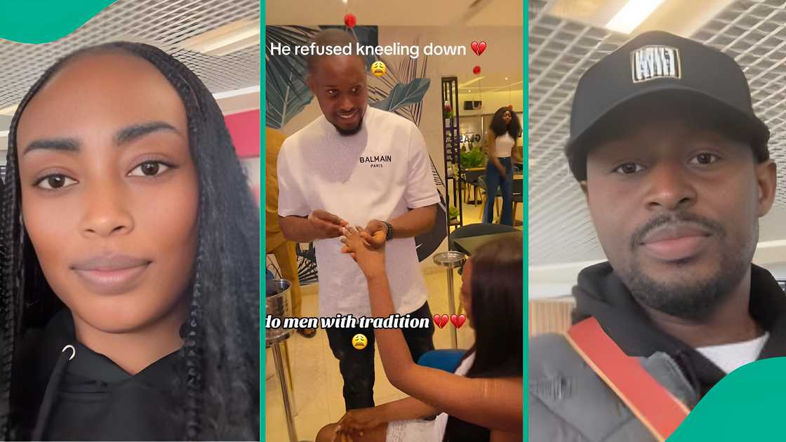 Girlfriend laughs as boyfriend proposes standing up