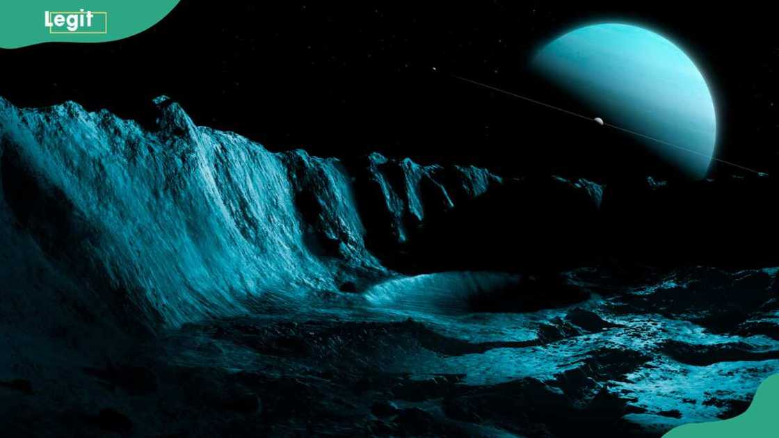 Illustration of the green ice giant planet, Uranus, seen from the surface of its innermost substantial moon, Ariel