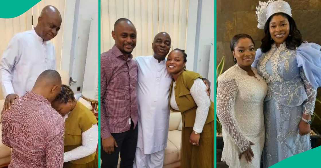 Bishop Oyedepo blesses newly wedded couple.