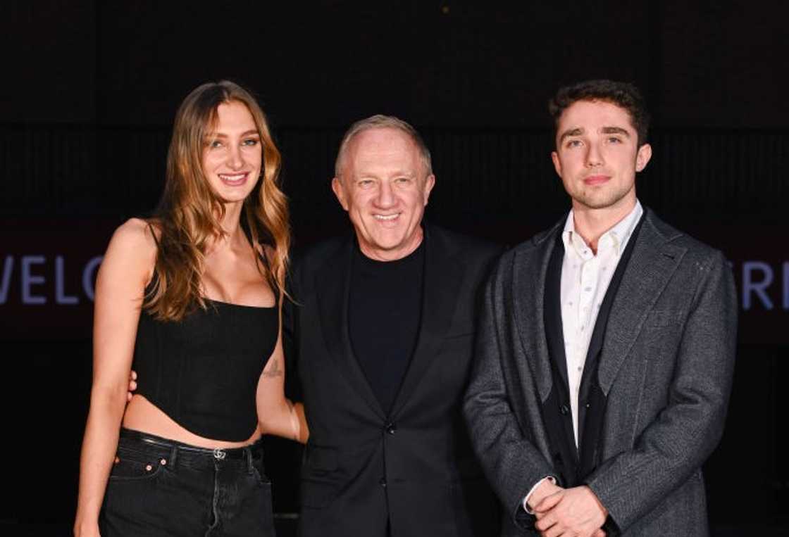 From (L-R) Mathilde Pinault, François-Henri Pinault, and Francois Pinault Jr. arrive at the Gucci Cruise 2025 Fashion Show