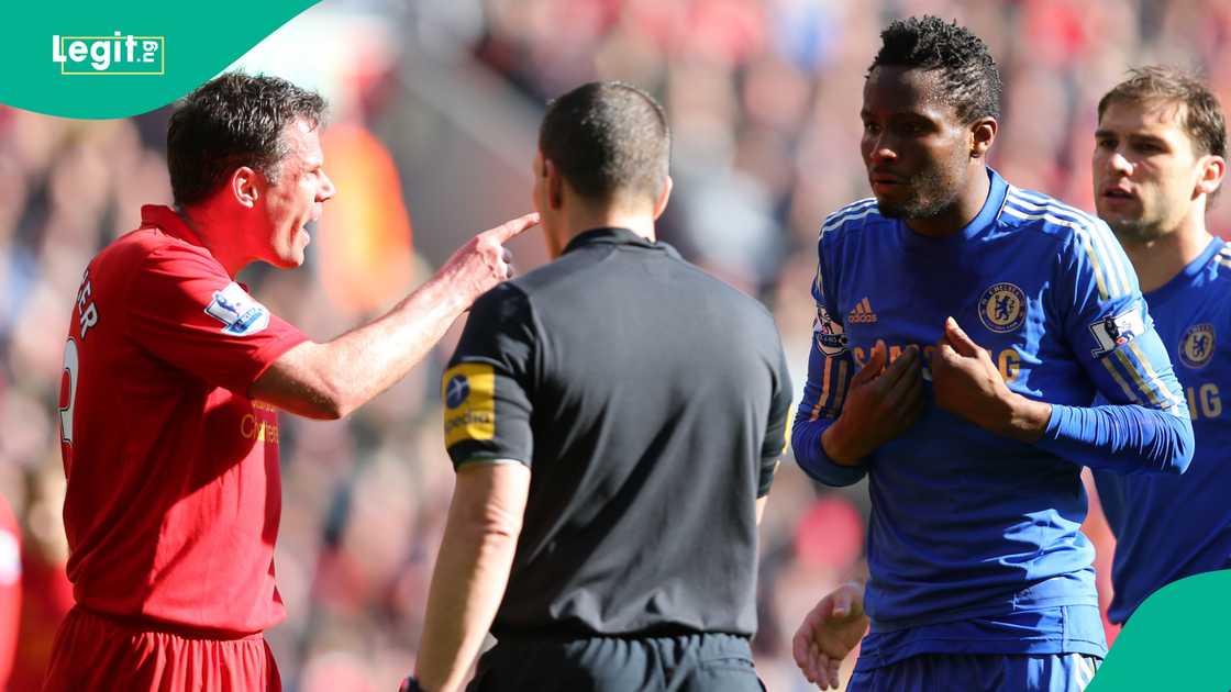 Mikel Obi and Jamie Carragher during an EPL match in 2013.