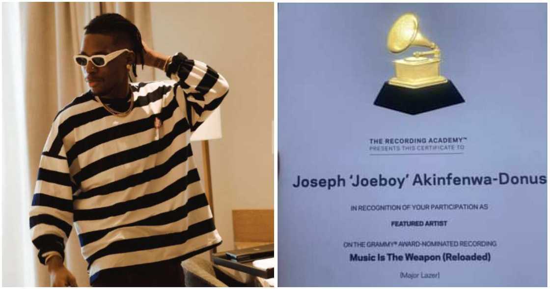 Photos of singer Joeboy and his Grammy's recognition plaque