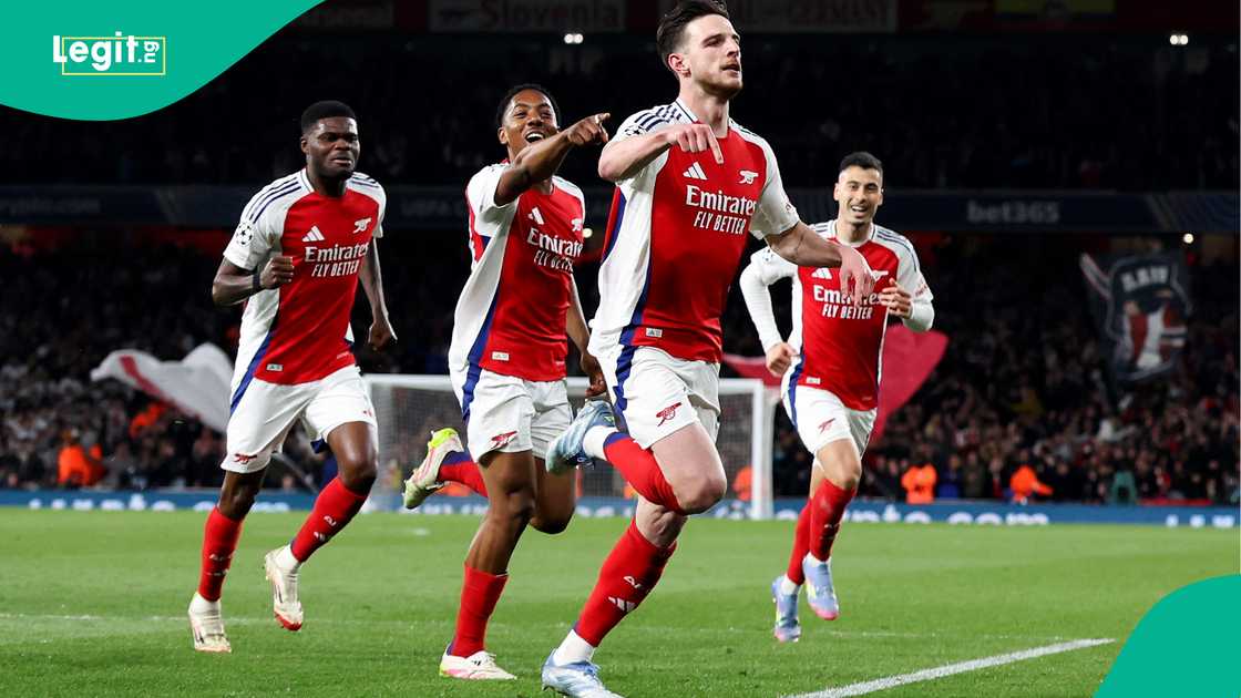Declan Rice, Myles Lewis-Skelly, Thomas Partey, Gabriel Martinelli, Arsenal, Real Madrid, Emirates Stadium, London, England, UEFA Champions League. Declan Rice, Myles Lewis-Skelly, Thomas Partey, Gabriel Martinelli, Arsenal, Real Madrid, Emirates Stadium, London, England, UEFA Champions League.