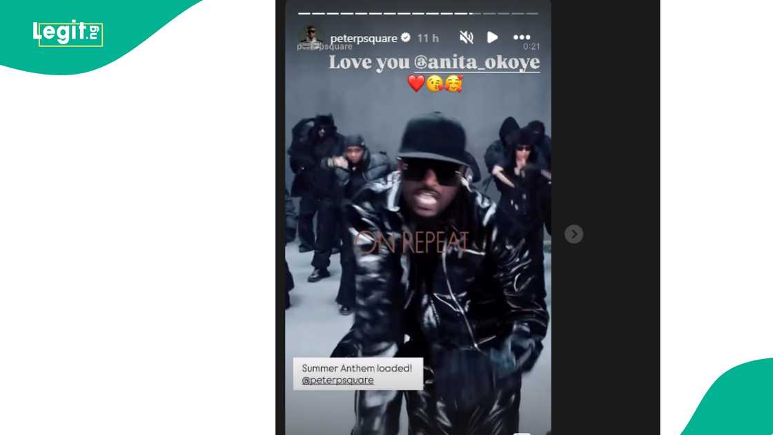 Anita Okoye reshares Peter Okoye's new song I Can't Look Away on her Instagram story.