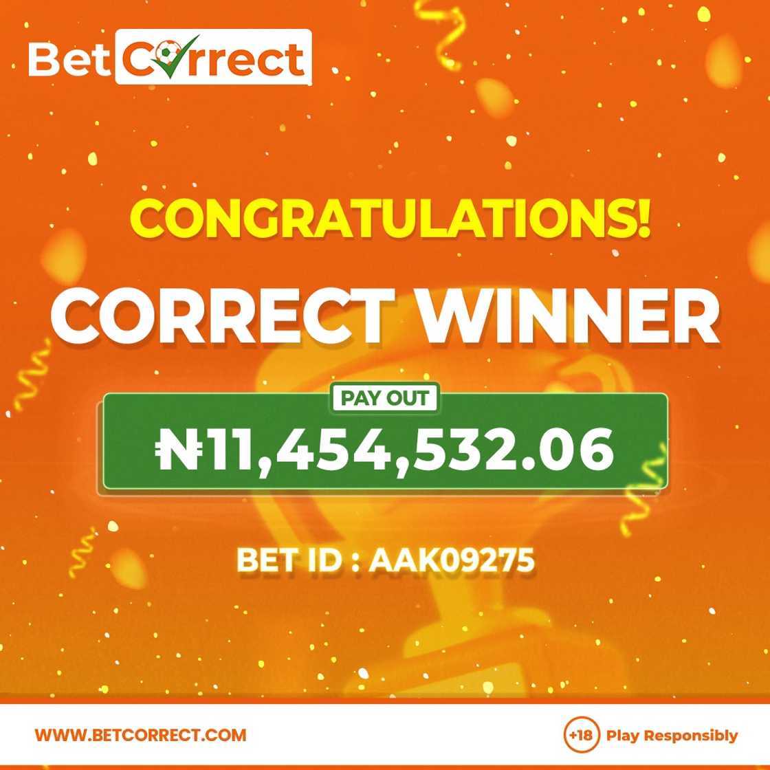 Lucky BetCorrect User wins N11.4 million with N300 Lucky BetCorrect User wins N11.4 million with N300