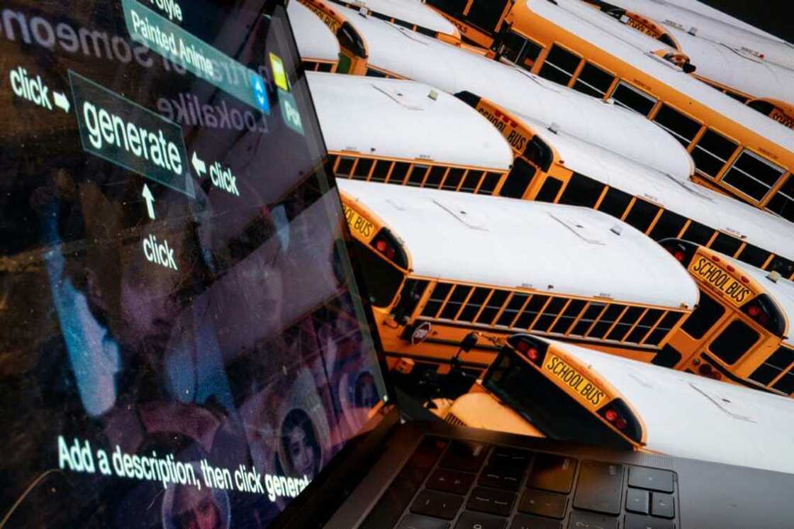 Another photo illustration shows an AI girl generator in front of an image of school buses Another photo illustration shows an AI girl generator in front of an image of school buses