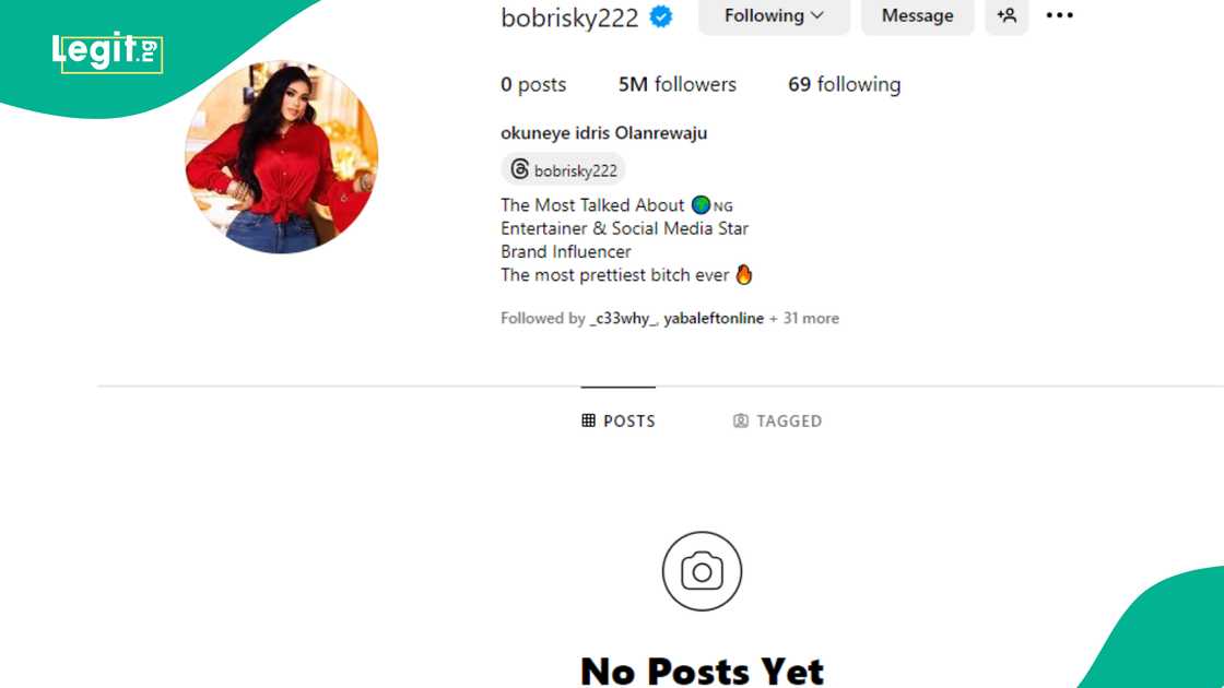 Screenshot of Bobrisky's Instagram page. Screenshot of Bobrisky's Instagram page.