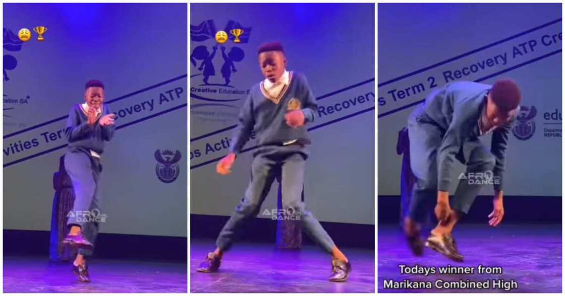 Schoolboy dances Amapiano, Marikana combined high school, boy dances on stage, Abo Mvelo by Daliwonga ft Mellow, Sleazy and MJ.