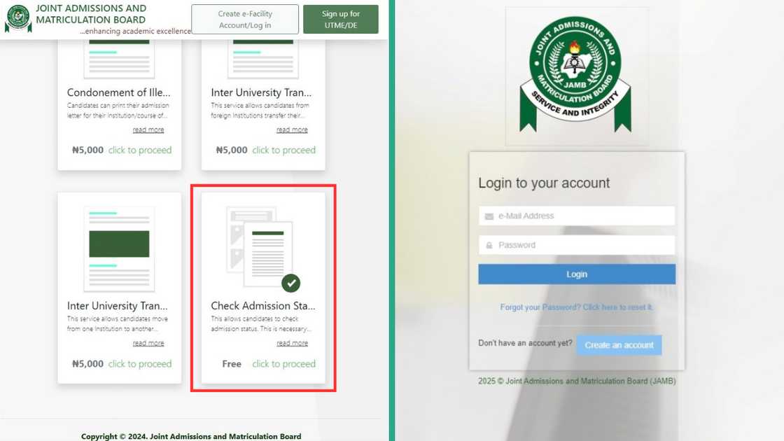 A screenshot of the JAMB e-facility home page and the JAMB e-facility portal.