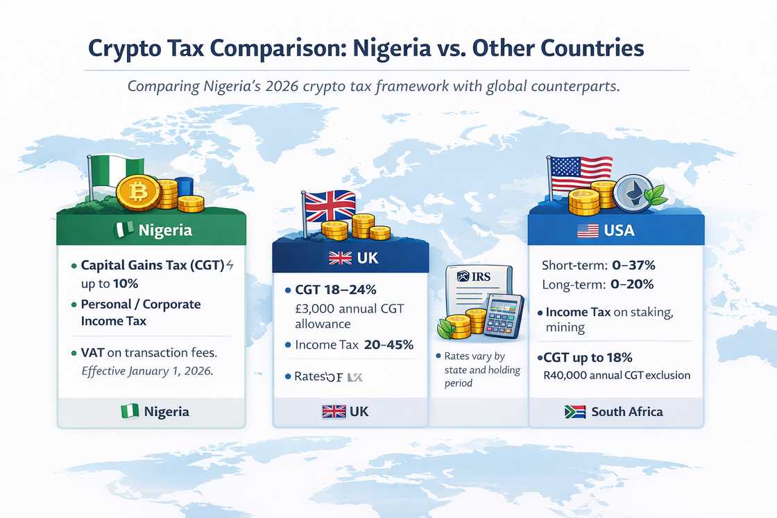 Comparison of crypto taxes in Nigeria, UK, USA, and South Africa, including CGT, income tax, and VAT. Comparison of crypto taxes in Nigeria, UK, USA, and South Africa, including CGT, income tax, and VAT.
