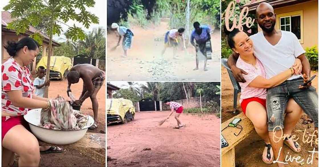 Oyinbo woman sweeps compound, house wife, enugu