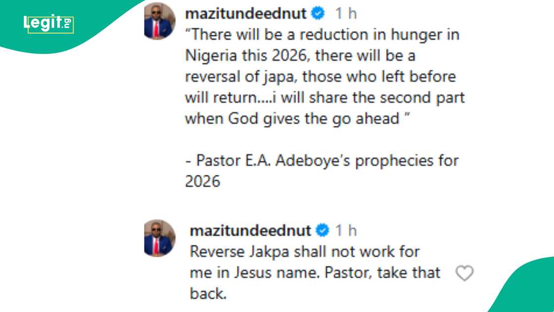 Tunde Ednut shares opinion after Pastor Adeboye's prophetic declaration for 2026.