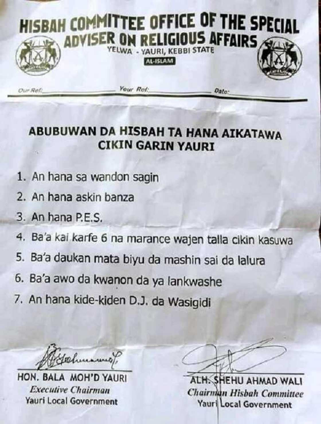 Jerin abubuwa 8 da Hizbah ta haramta a jihar Kebbi Jerin abubuwa 8 da Hizbah ta haramta a jihar Kebbi