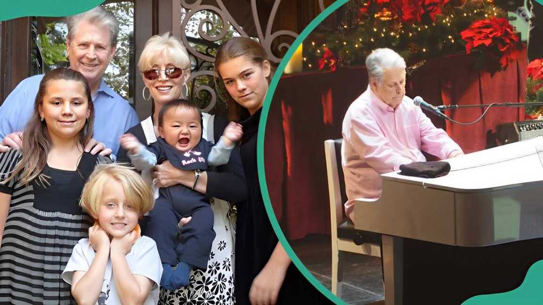 Brian Wilson, his wife Melinda and their children (L). Singer Brian Wilson at Bank of America Performing Arts Center playing piano (R) Brian Wilson, his wife Melinda and their children (L). Singer Brian Wilson at Bank of America Performing Arts Center playing piano (R)