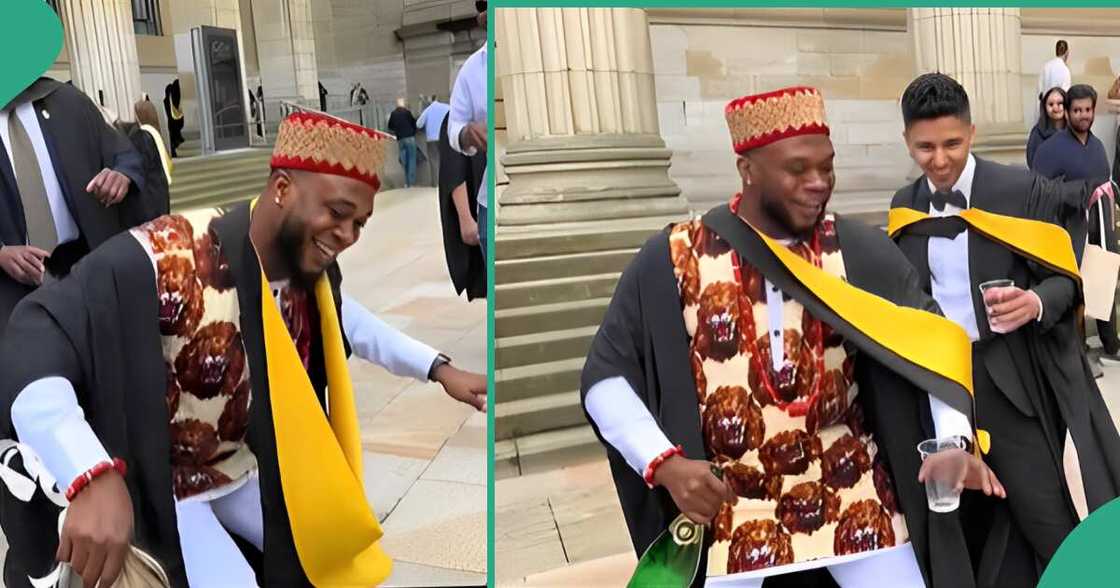 Man dances after graduating from school.