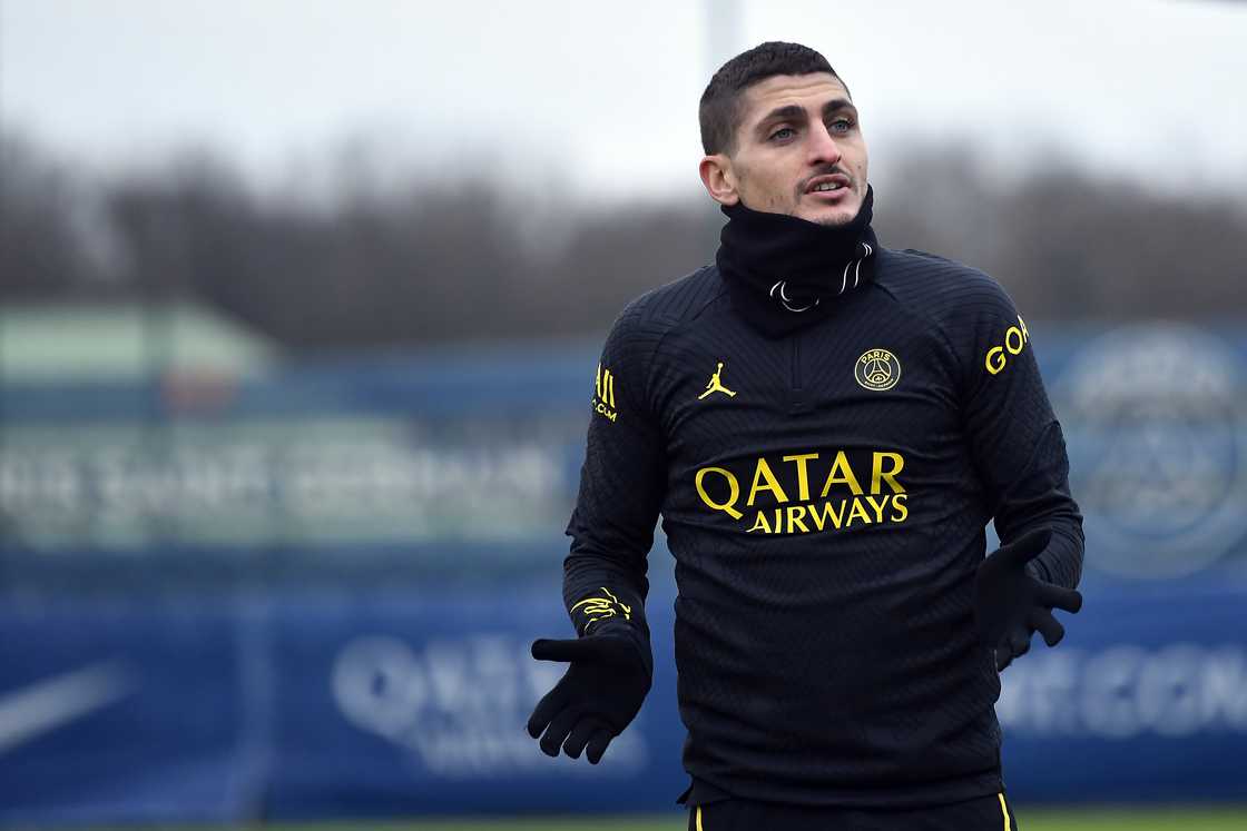 Marco Verratti reacts during a Paris Saint-Germain training session at the PSG training centre