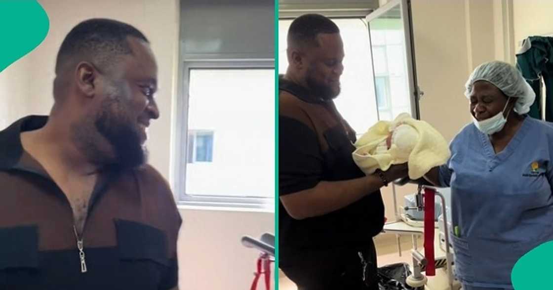 Man gets emotional as he carries his newborn child seven years after his wedding. Man gets emotional as he carries his newborn child seven years after his wedding.