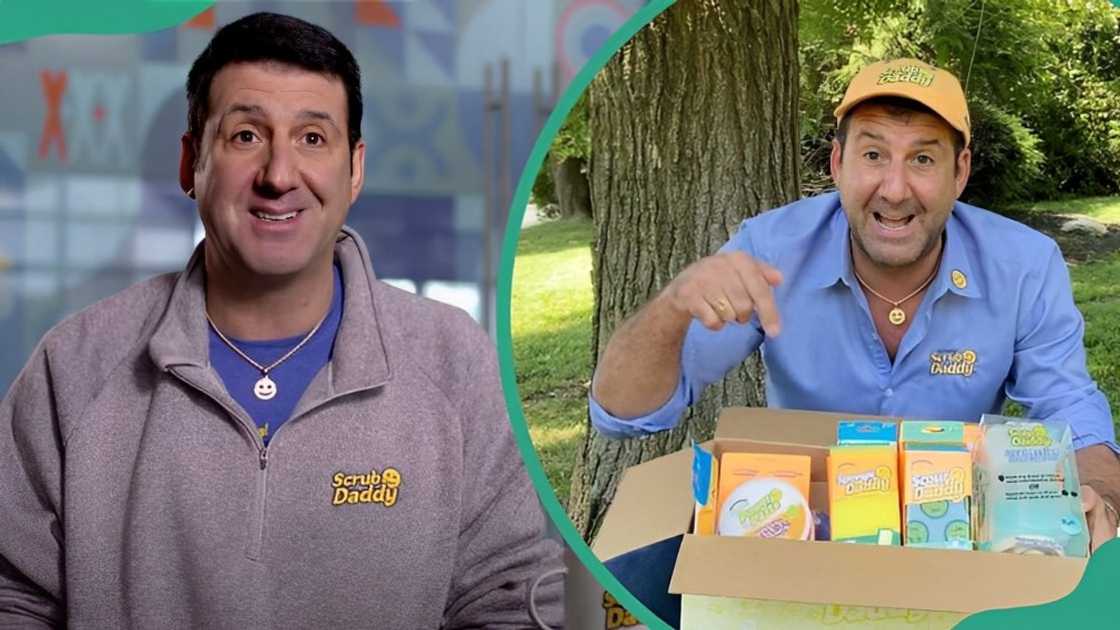 Aaron Krause in a grey sweater (L). Aaron Krause holding Scrub Daddy goodies (R). Aaron Krause in a grey sweater (L). Aaron Krause holding Scrub Daddy goodies (R).