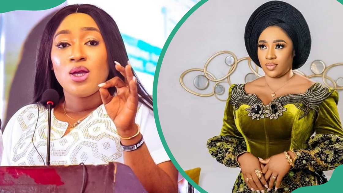 Betta Edu speaking at a podium (L). The politician dressed in a traditional green velvet attire (R) Betta Edu speaking at a podium (L). The politician dressed in a traditional green velvet attire (R)