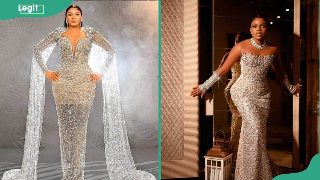 Women in silver sequin A-line gowns Women in silver sequin A-line gowns