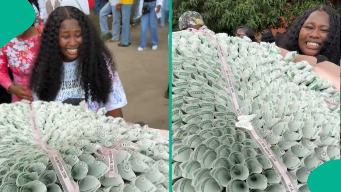 Lady gets money bouquet from her boyfriend. Lady gets money bouquet from her boyfriend.