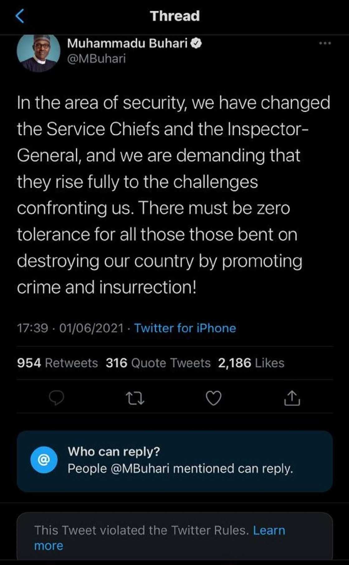 Da Ɗuminsa: Shafin Twitter Ya Goge Gargaɗin Da Buhari Ya Yi Wa 'Ƴan IPOB' Da Ɗuminsa: Shafin Twitter Ya Goge Gargaɗin Da Buhari Ya Yi Wa 'Ƴan IPOB'