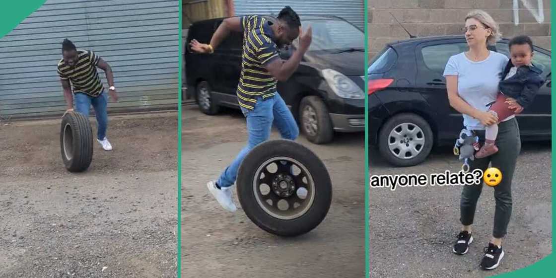 Man playing with car tyre. Man playing with car tyre.