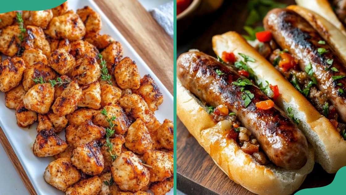 A plate of chicken nuggets (L) and hotdogs (R) A plate of chicken nuggets (L) and hotdogs (R)