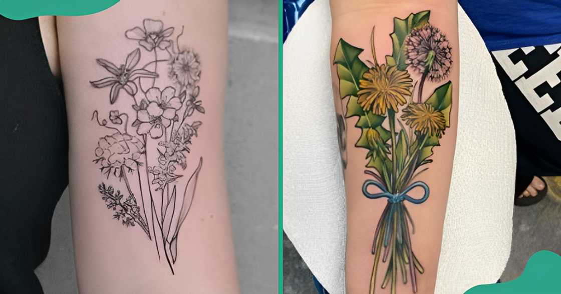 Dandelion bouquet tattoos on the arms.