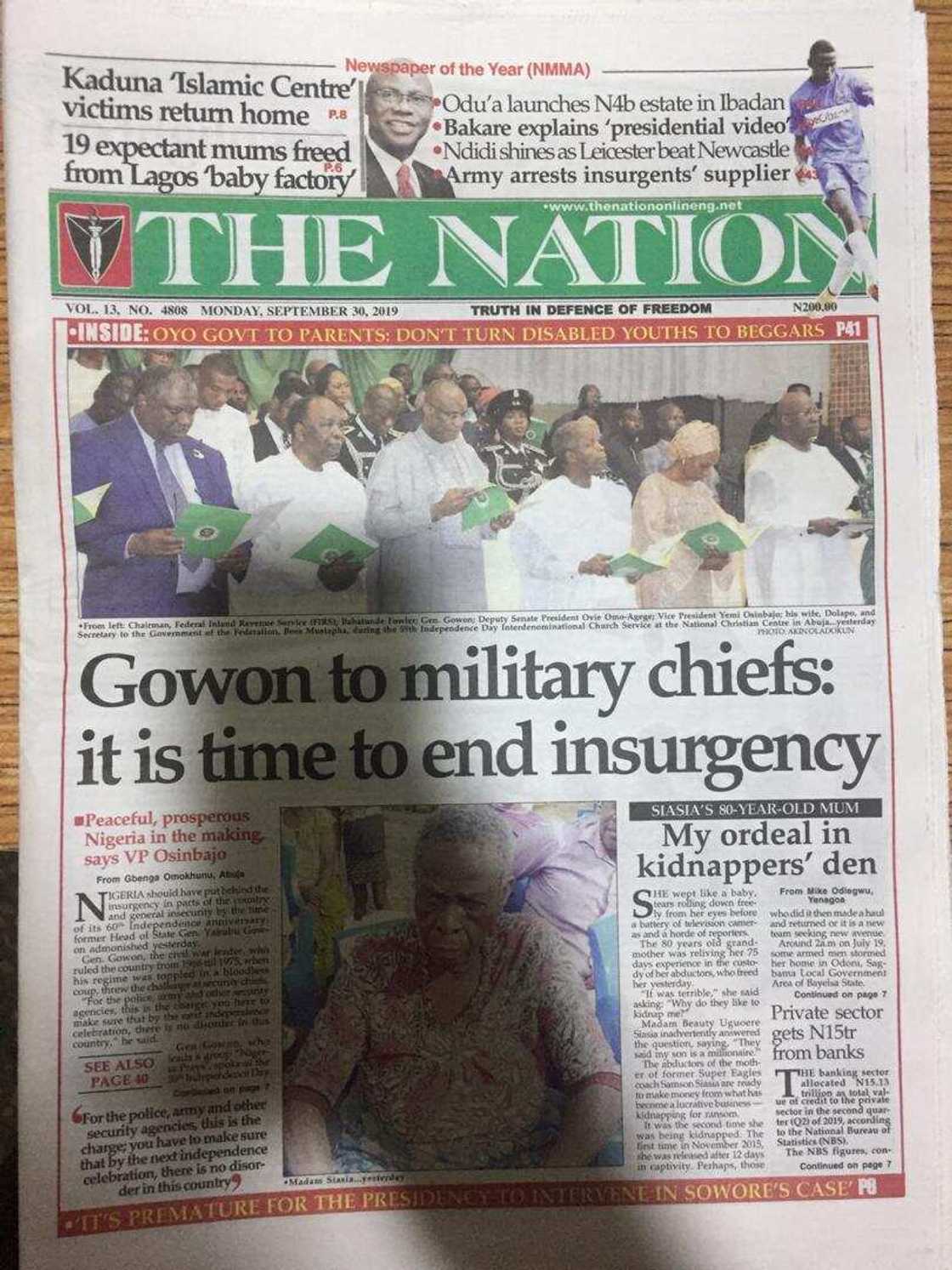 Newspapers review for Monday 30: It's time to end insurgency - Gowon tells military Newspapers review for Monday 30: It's time to end insurgency - Gowon tells military