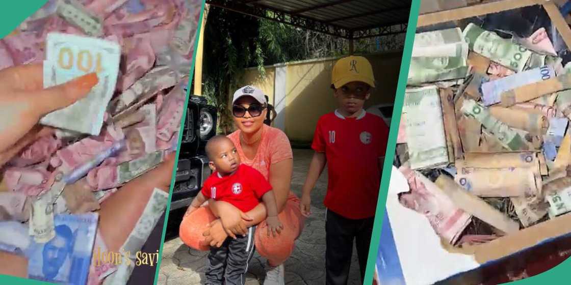 Regina Daniels breaks her sons' piggy banks. Regina Daniels breaks her sons' piggy banks.