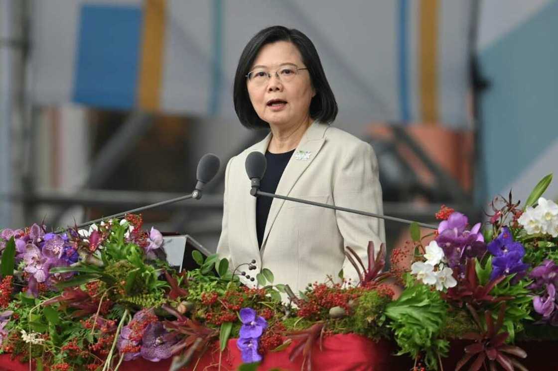 Taiwan's President Tsai Ing-wen speaks at a ceremony to mark the island's National Day in front of the Presidential Office in Taipei on October 10, 2022. Taiwan's President Tsai Ing-wen speaks at a ceremony to mark the island's National Day in front of the Presidential Office in Taipei on October 10, 2022.