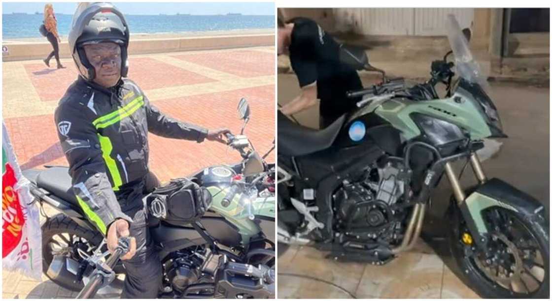 Nigerian biker, Kunle Adeyanju on his Eagle bike which he says he may auction when he gets to Lagos.