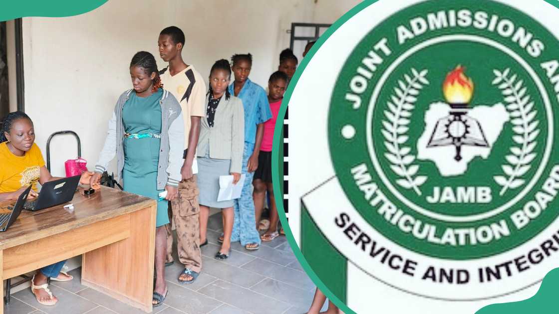 Students queuing at JAMB help desk and JAMB official logo Students queuing at JAMB help desk and JAMB official logo