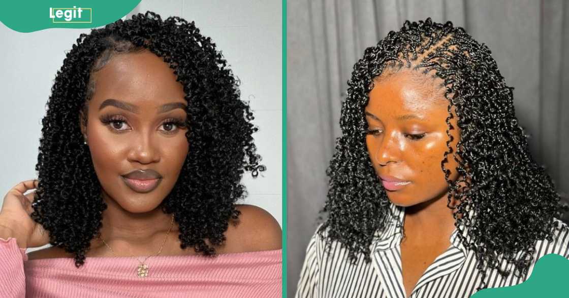 Two women show off their small passion twists. Two women show off their small passion twists.
