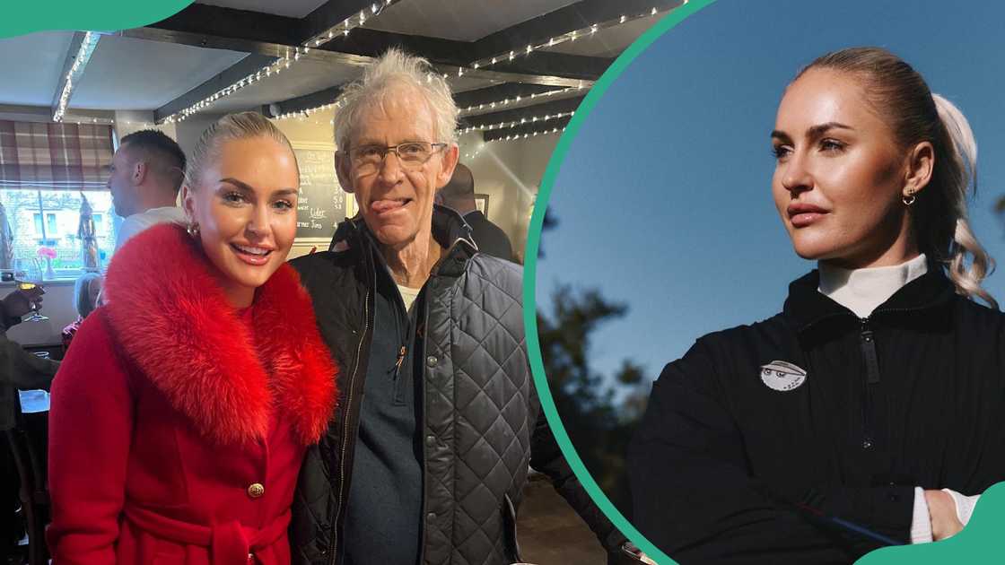 Charley Hull and her father posing together outdoors (L). Hull in a black high-collar jacket with a badge (R)