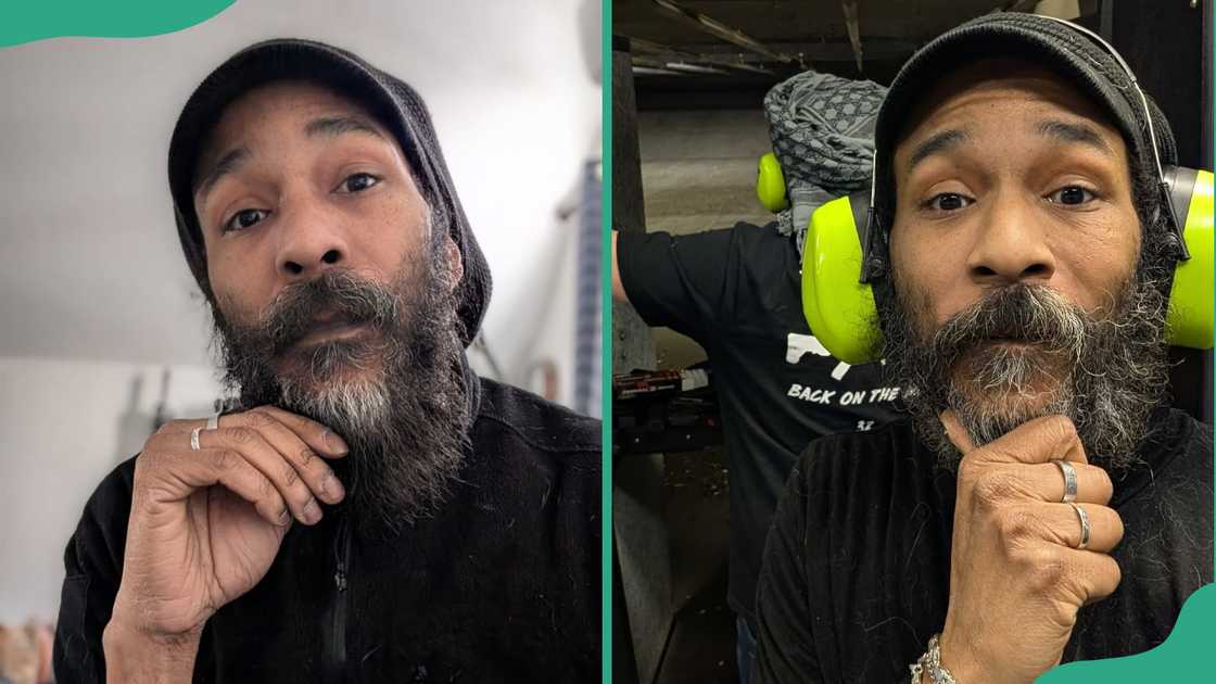 Y-Love stares on as he poses for a photo (L). The rapper enjoys a moment during a range day (R) Y-Love stares on as he poses for a photo (L). The rapper enjoys a moment during a range day (R)