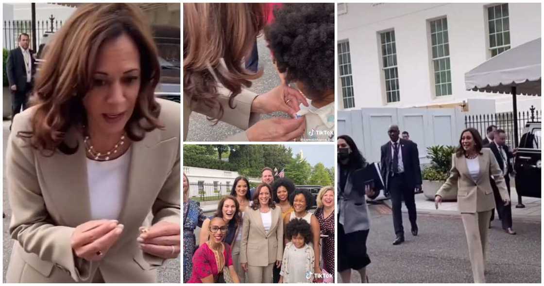 US Vice President Kamala Harris, American flag pin, gifts little boy