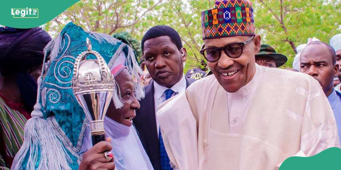 Buhari and Emir of Daura, Dr. Faruk Umar Faruk during Eid Prayers in Katsina