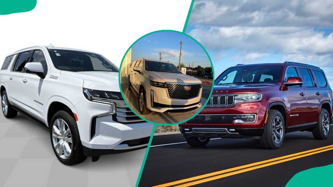 2024 Chevrolet Suburban (L), 2024 Cadillac Escalade ESV (C) and Jeep Grand Wagoneer L (R). 2024 Chevrolet Suburban (L), 2024 Cadillac Escalade ESV (C) and Jeep Grand Wagoneer L (R).